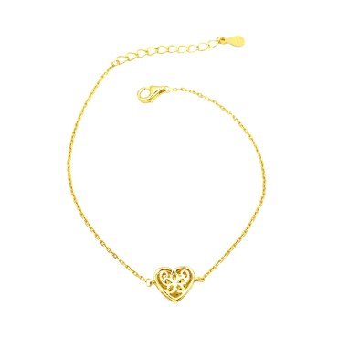 Bracciale maglia forzatina con cuore centrale a pavè di zirconi bianchi traforato dietro placcato oro giallo in argento 925