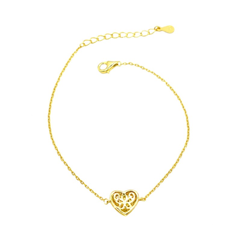 Bracciale maglia forzatina con cuore centrale a pavè di zirconi bianchi traforato dietro placcato oro giallo in argento 925