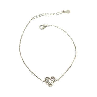 Bracciale maglia forzatina con cuore centrale a pavè di zirconi bianchi traforato dietro placcato oro bianco  in argento925