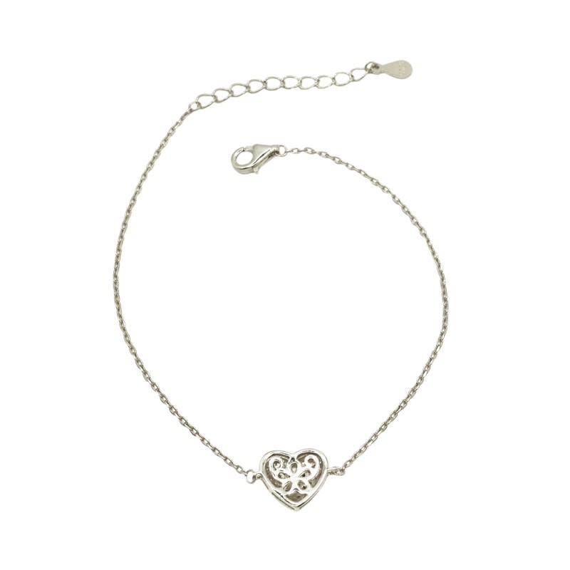 Bracciale maglia forzatina con cuore centrale a pavè di zirconi bianchi traforato dietro placcato oro bianco  in argent