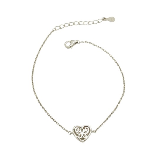 Bracciale maglia forzatina con cuore centrale a pavè di zirconi bianchi traforato dietro placcato oro bianco  in argent