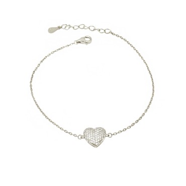 Bracciale maglia forzatina con cuore centrale a pavè di zirconi bianchi traforato dietro placcato oro bianco  in argent