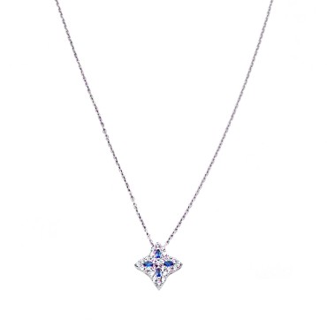 Collana forzatina con ciondolo a fiore con spole blu in cornice di zirconi bianchi placcato oro bianco argento925