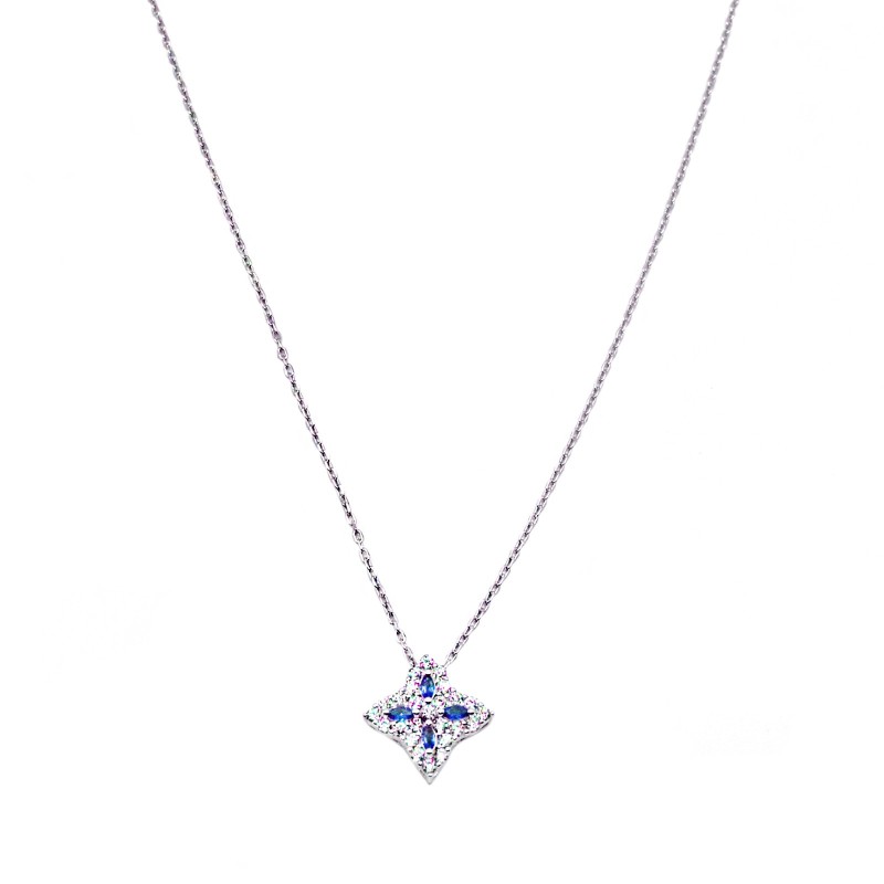 Collana forzatina con ciondolo a fiore con spole blu in cornice di zirconi bianchi placcato oro bianco argento925