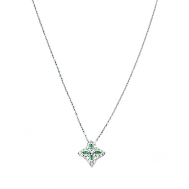 Collana forzatina con ciondolo a fiore con spole verdi in cornice di zirconi bianchi placcato oro bianco argento925