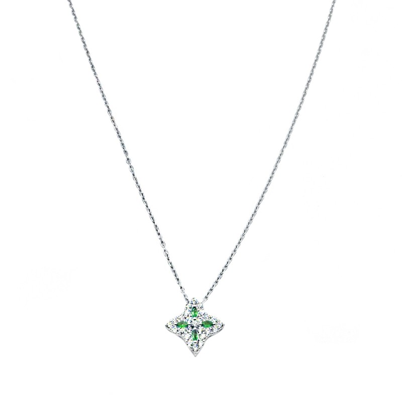 Collana forzatina con ciondolo a fiore con spole verdi in cornice di zirconi bianchi placcato oro bianco argento925