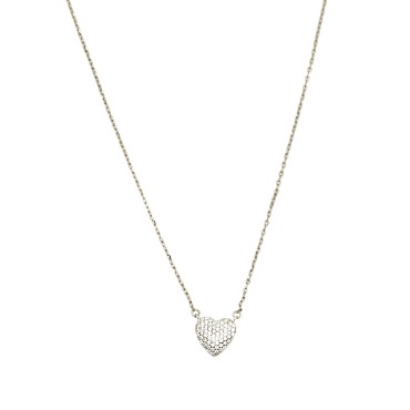 Collana maglia forzatina con cuore bombato a tramezzo zirconato traforato dietro bianco placcata oro bianco in argento