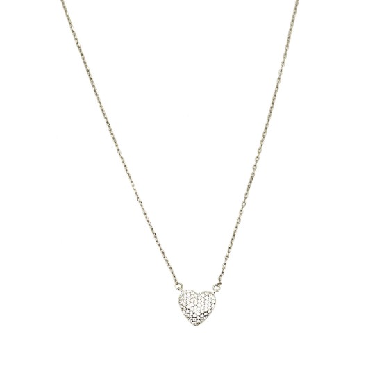Collana maglia forzatina con cuore bombato a tramezzo zirconato traforato dietro bianco placcata oro bianco in argento