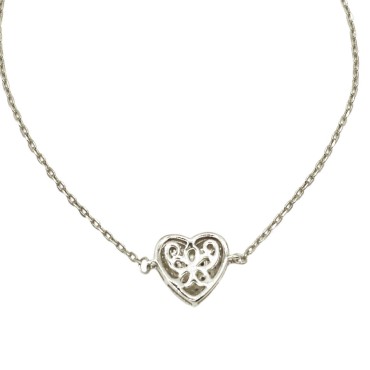 Collana maglia forzatina con cuore bombato a tramezzo zirconato traforato dietro bianco placcata oro bianco in argento