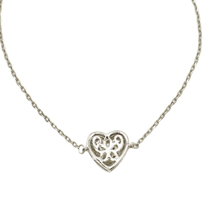 Collana maglia forzatina con cuore bombato a tramezzo zirconato traforato dietro bianco placcata oro bianco in argento