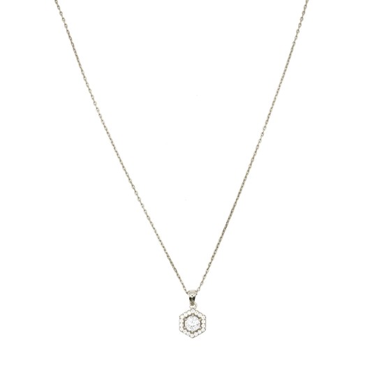 Collana forzatina con ciondolo esagono con punto luce bianco in cornice di zirconi bianchi placcato oro bianco  argent