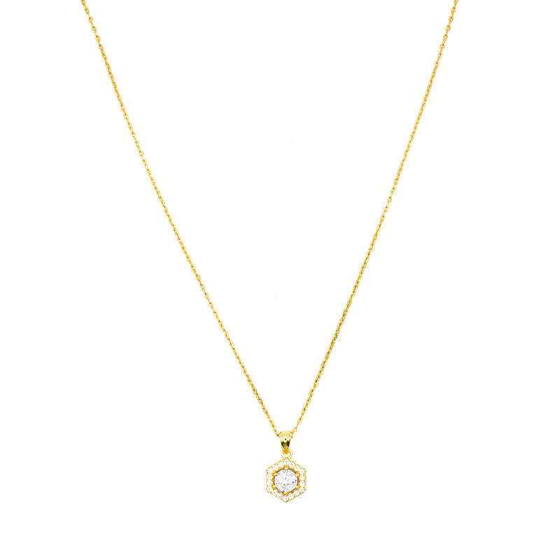 Collana forzatina con ciondolo esagono con punto luce bianco in cornice di zirconi bianchi placcato oro giallo argento925