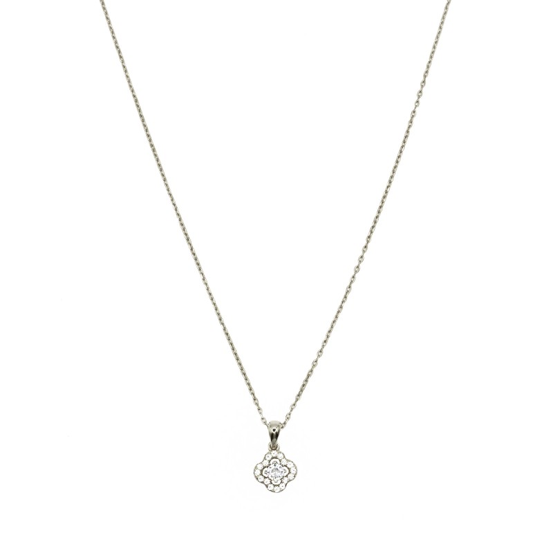 Collana forzatina con ciondolo fiore  con punto luce bianco in cornice di zirconi bianchi placcato oro bianco argento9
