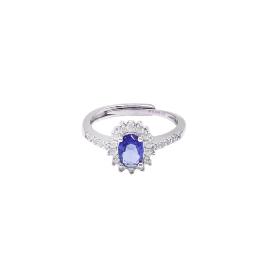 Anello regolabile mezza vera di zirconi bianchi con ovale centrale di zircone blu in cornice di zirconi bianchi placcat