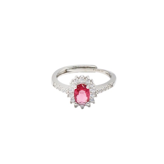 Anello regolabile mezza vera di zirconi bianchi con ovale centrale di zircone rosso in cornice di zirconi bianchi placcat