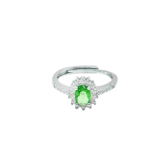 Anello regolabile mezza vera di zirconi bianchi con ovale centrale di zircone verde in cornice di zirconi bianchi placc