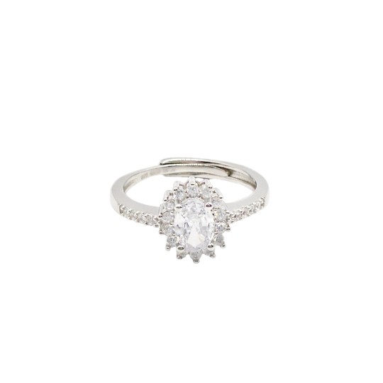 Anello regolabile mezza vera di zirconi bianchi con ovale centrale di zircone bianco in cornice di zirconi bianchi placc