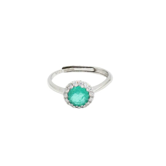 Anello regolabile con pietra tonda verde in cornice di zirconi bianchi placcato oro bianco in argento 925