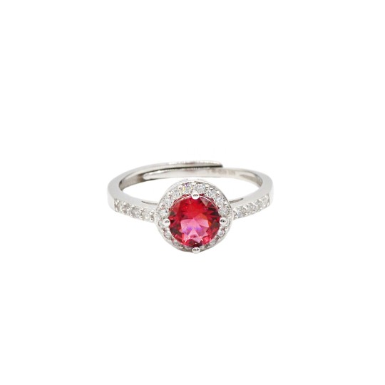 Anello regolabile mezza vera zirconi bianchi,pietra tonda rossa in cornice di zirconi bianchi placcato oro bianco in argento925