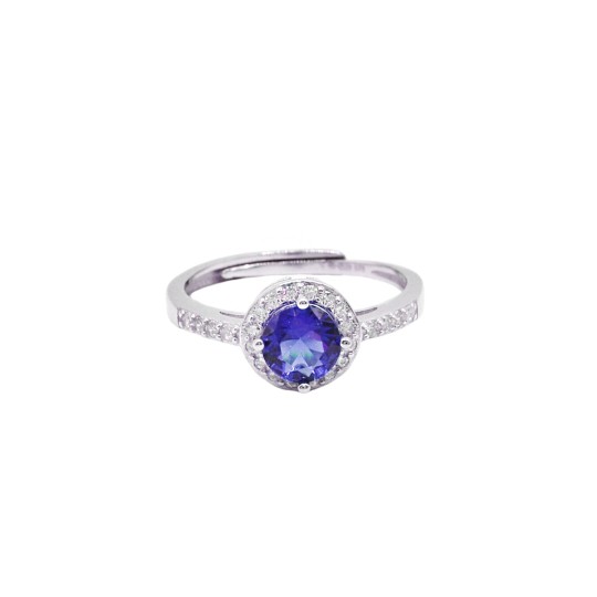 Anello regolabile mezza vera zirconi bianchi,pietra tonda blu in cornice di zirconi bianchi placcato oro bianco in ar