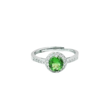 Anello regolabile mezza vera zirconi bianchi,pietra tonda verde in cornice di zirconi bianchi placcato oro bianco in ar