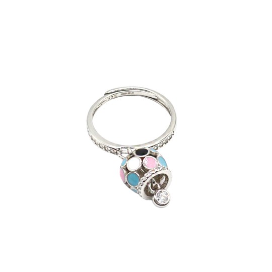 Anello regolabile semizirconato con campanella smaltata pendente con bordo zirconato bianco placcato oro bianco in argento925