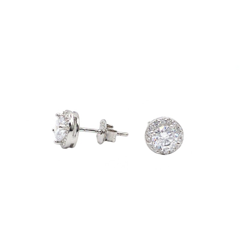 Round lobe earrings in white gold plated zircon pave in 925 silver