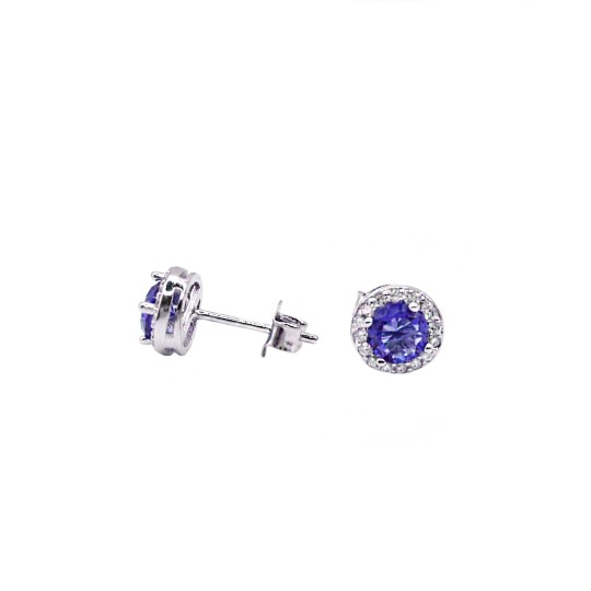 Orecchini al lobo tondi con punto luce blu in cornice di zirconi bianchi placcato oro bianco in argento 925