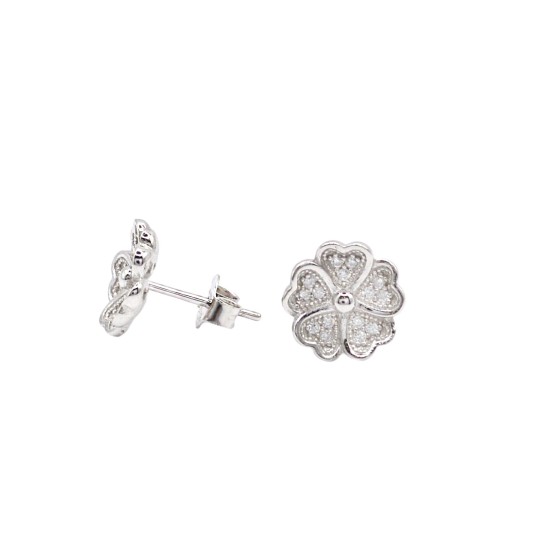 Orecchini a lobo fiore semi zirconato bianco placcato oro bianco in argento 925