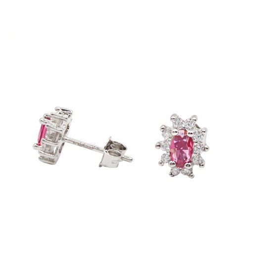 Orecchini al lobo zircone rosso ovale in cornice di zirconi bianchi placcati oro bianco in argento 925