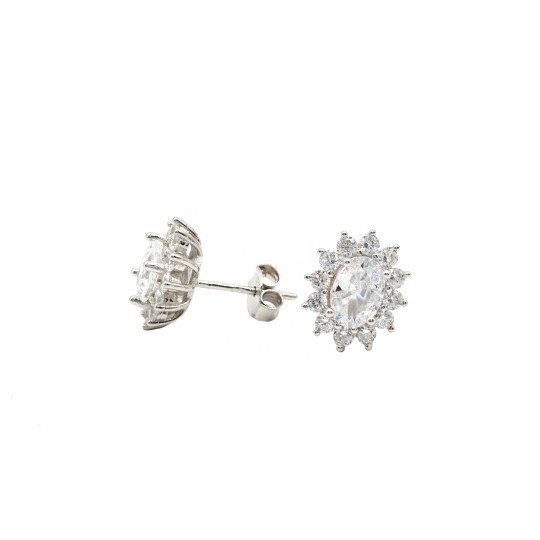 Orecchini al lobo zircone bianco ovale in cornice di zirconi bianchi placcati oro bianco in argento 925