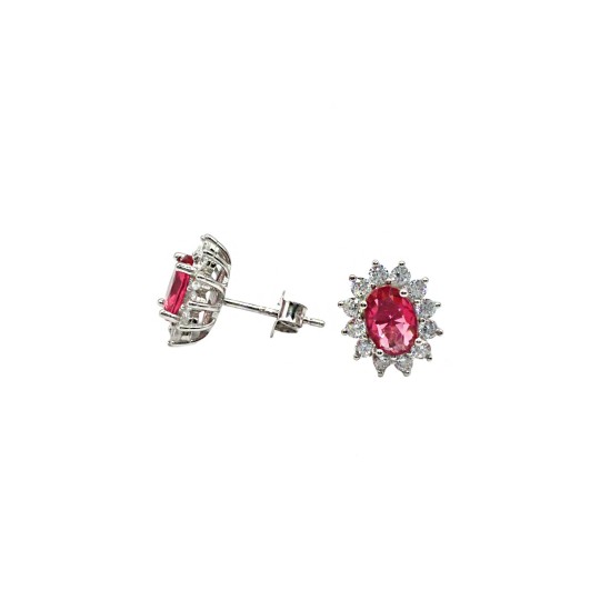 Orecchini al lobo zircone rosso ovale in cornice di zirconi bianchi placcati oro bianco in argento 925