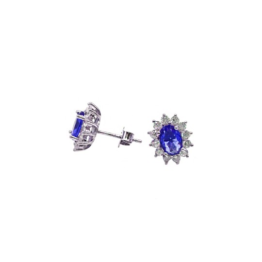 Orecchini al lobo zircone blu ovale in cornice di zirconi bianchi placcati oro bianco in argento 925