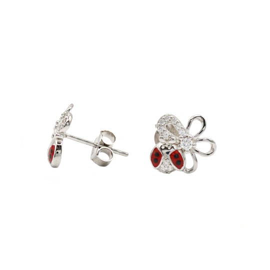 Orecchini a lobo fiore e coccinella semizirconata bianca e smaltata placcati oro bianco in argento 925