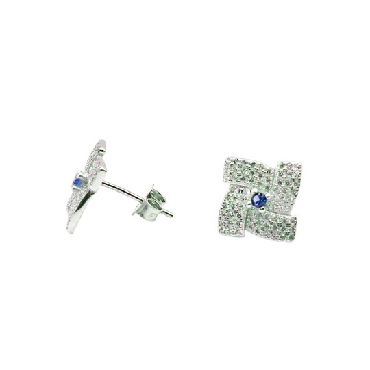 Orecchini a lobo quadrato intrecciato di zirconi bianchi con punto luce centrale blu placcato oro bianco argento925