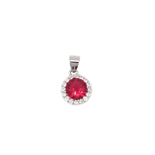 Round red zircon pendant in a white gold plated white zircon frame in 925 silver