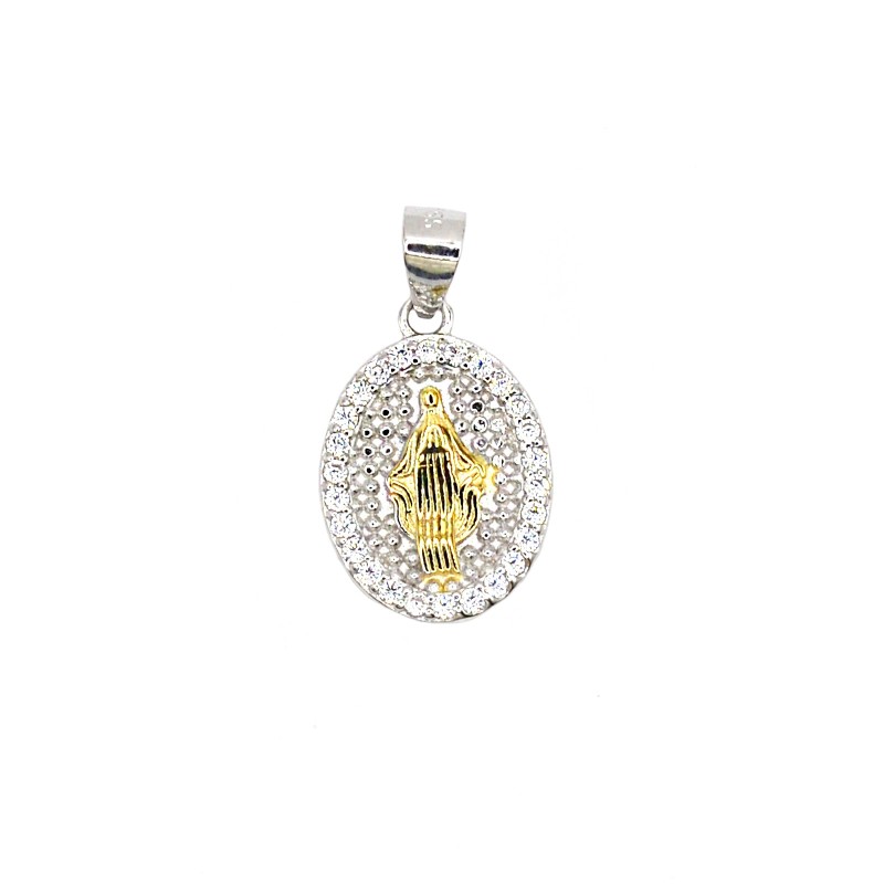 Ciondolo medaglia miracolosa placcato oro bianco con madonna placcata oro giallo su base zirconata bianca placcata