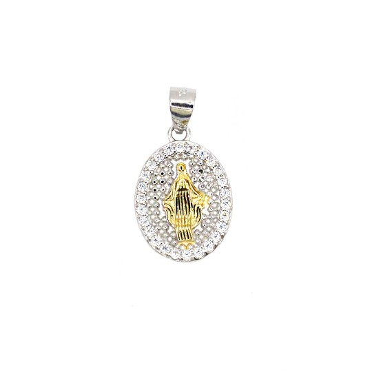 Ciondolo medaglia miracolosa placcato oro bianco con madonna placcata oro giallo su base zirconata bianca placcata