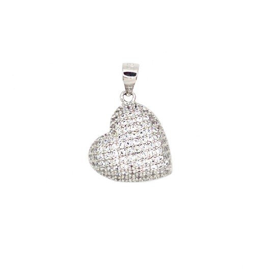 Ciondolo cuore bombato zirconato bianco con contromaglia laterale placcato oro bianco in argento 925