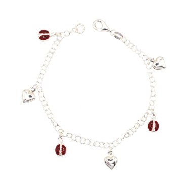 Bracciale maglia giotto con pendenti accoppiati coccinelle smaltate alternate a cuori in argento 925
