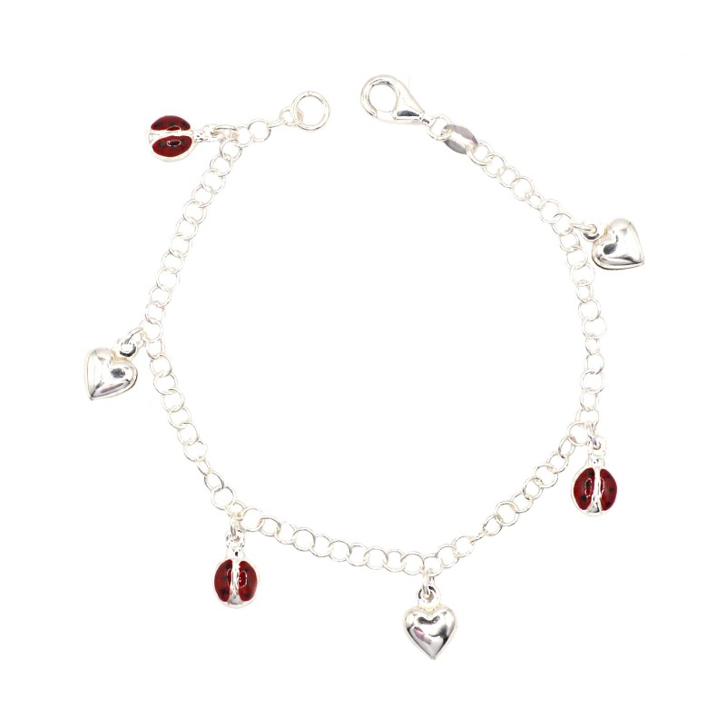 Bracciale maglia giotto con pendenti accoppiati coccinelle smaltate alternate a cuori in argento 925