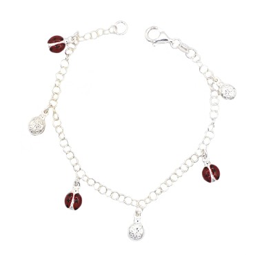 Bracciale maglia giotto con pendenti accoppiati coccinelle smaltate alternate a coccinelle lisce in argento 925