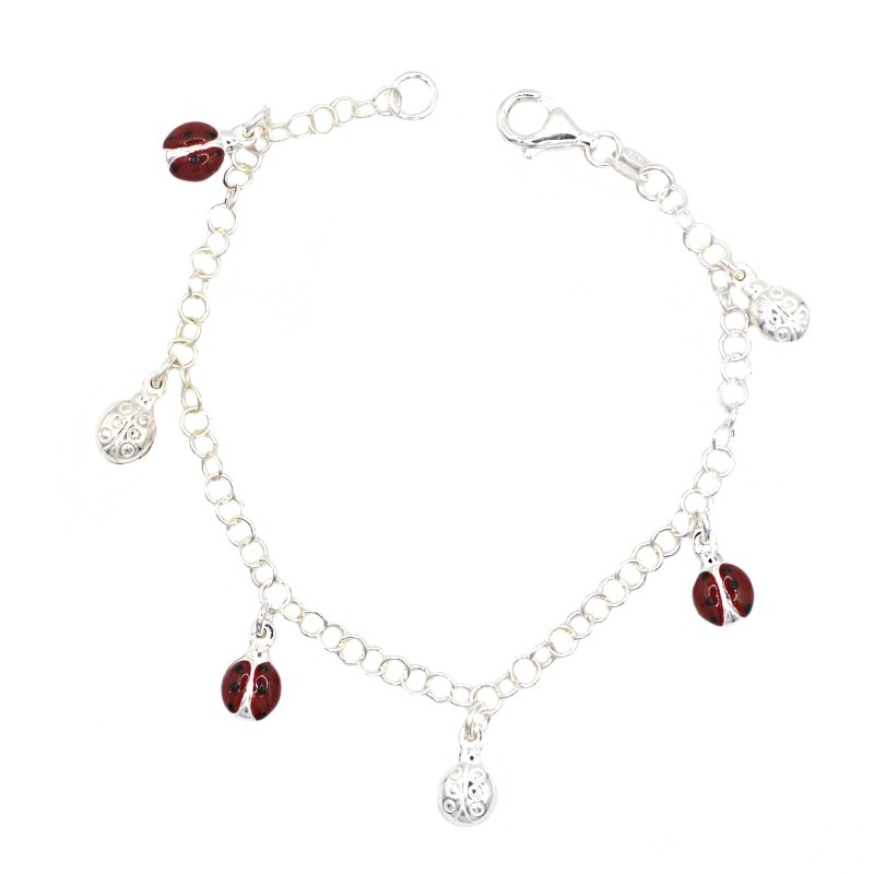 Bracciale maglia giotto con pendenti accoppiati coccinelle smaltate alternate a coccinelle lisce in argento 925