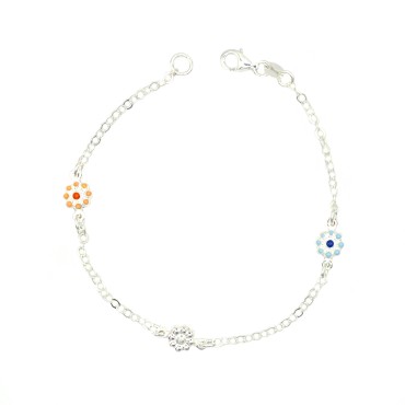Bracciale maglia rolò con fiore centrale accoppiato e fiori laterali smaltati in argento 925
