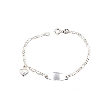 Bracciale maglia 3+1 con targa centrale tonda con cuore pendente accoppiata placcato oro bianco in argento 925