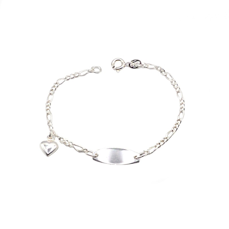 Bracciale maglia 3+1 con targa centrale tonda con cuore pendente accoppiata placcato oro bianco in argento 925