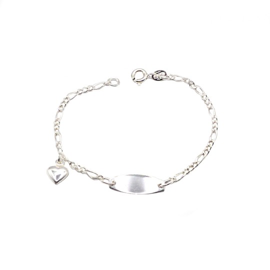 Bracciale maglia 3+1 con targa centrale tonda con cuore pendente accoppiata placcato oro bianco in argento 925