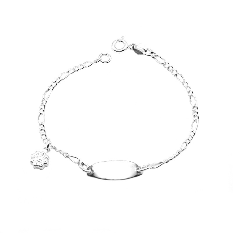 Bracciale maglia 3+1 con targa centrale tonda con fiore pendente accoppiato placcato oro bianco in argento 925