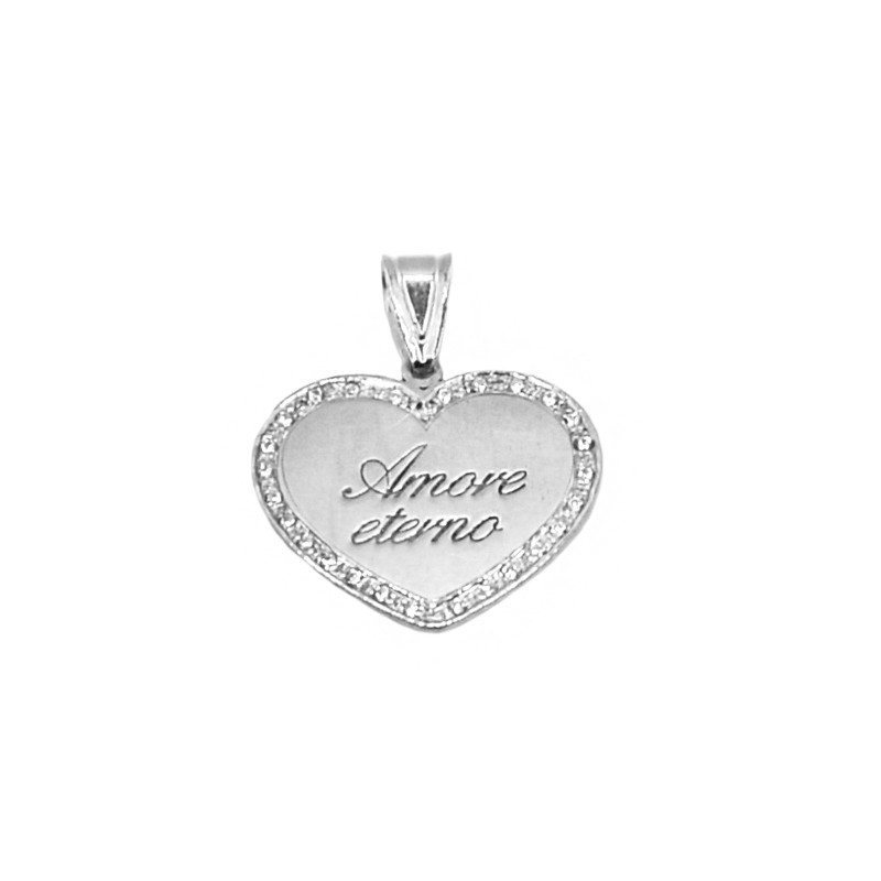 Ciondolo cuore con incisione laser in cornice di zirconi bianchi placcato oro bianco in argento 925