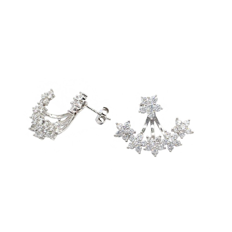 Orecchini con fiore centrale e fiori a ventaglio zirconati bianchi placcato oro bianco in argento 925